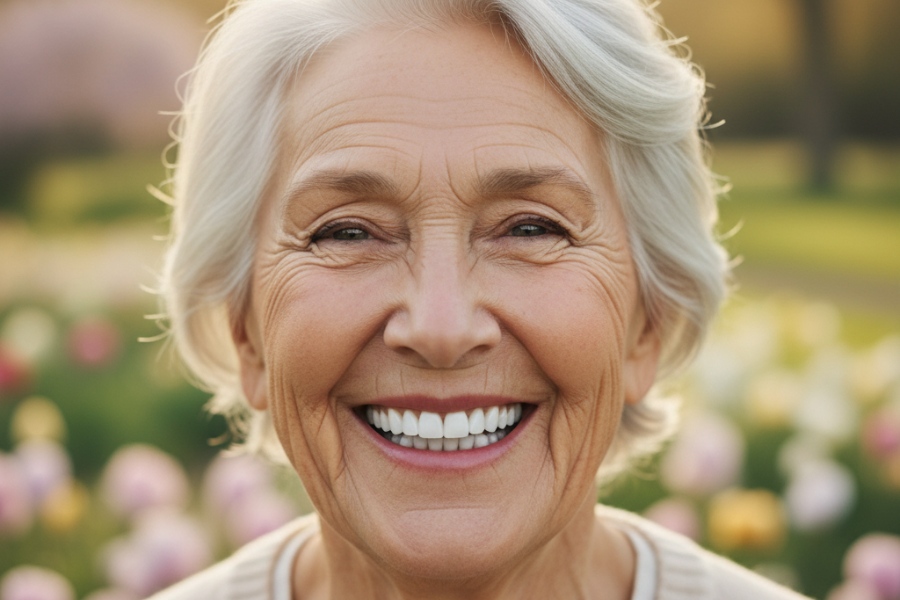 Mulher idosa com sorriso completo após prótese protocolo